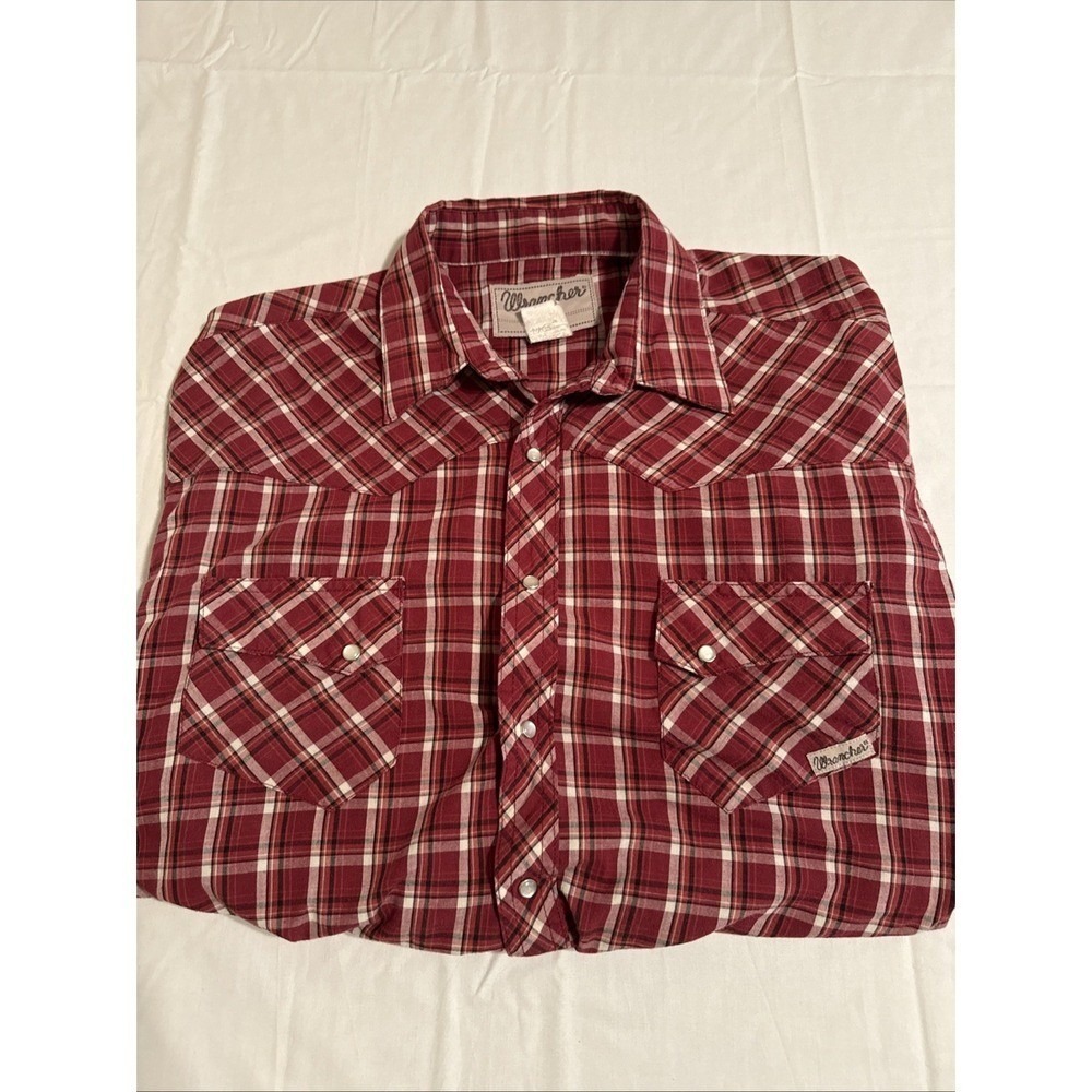 FLANNEL SHIRT Wrangler Pearl Snap Mens Large Cowboy Western Plaid Blue Pockets